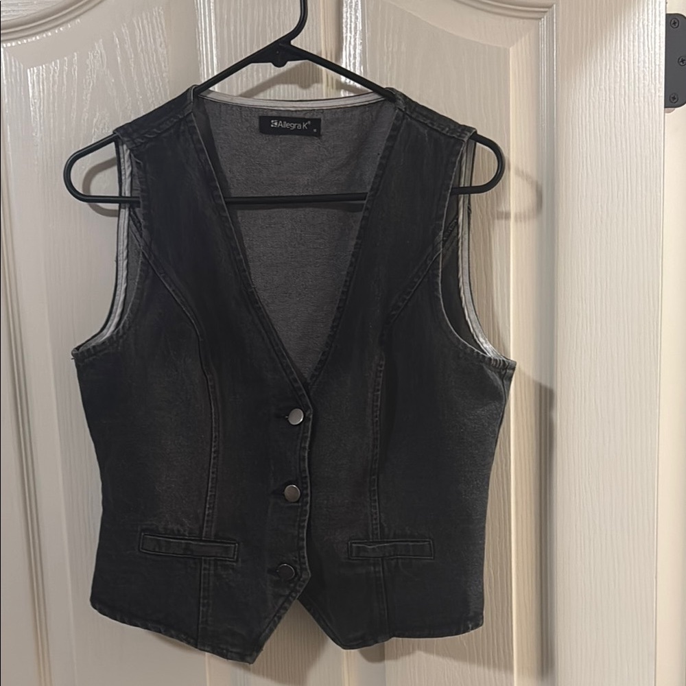 Allegra K Charcoal Gray Denim Vest